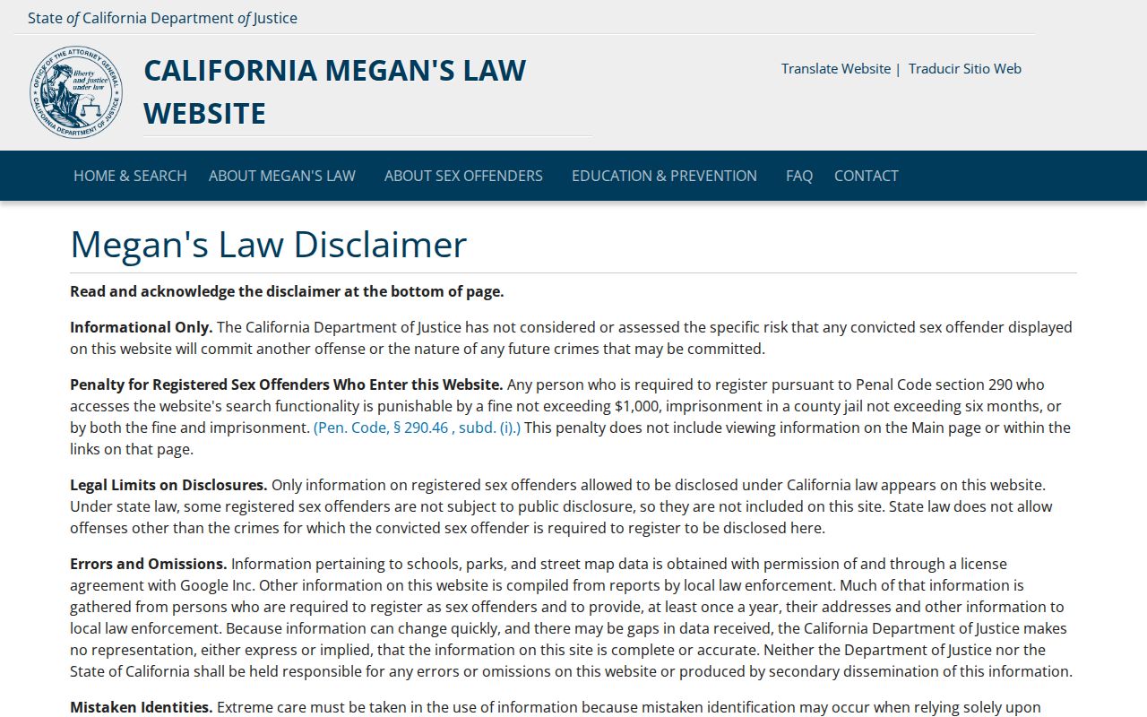 Fairfield residents directory view of California Megan's Law registry