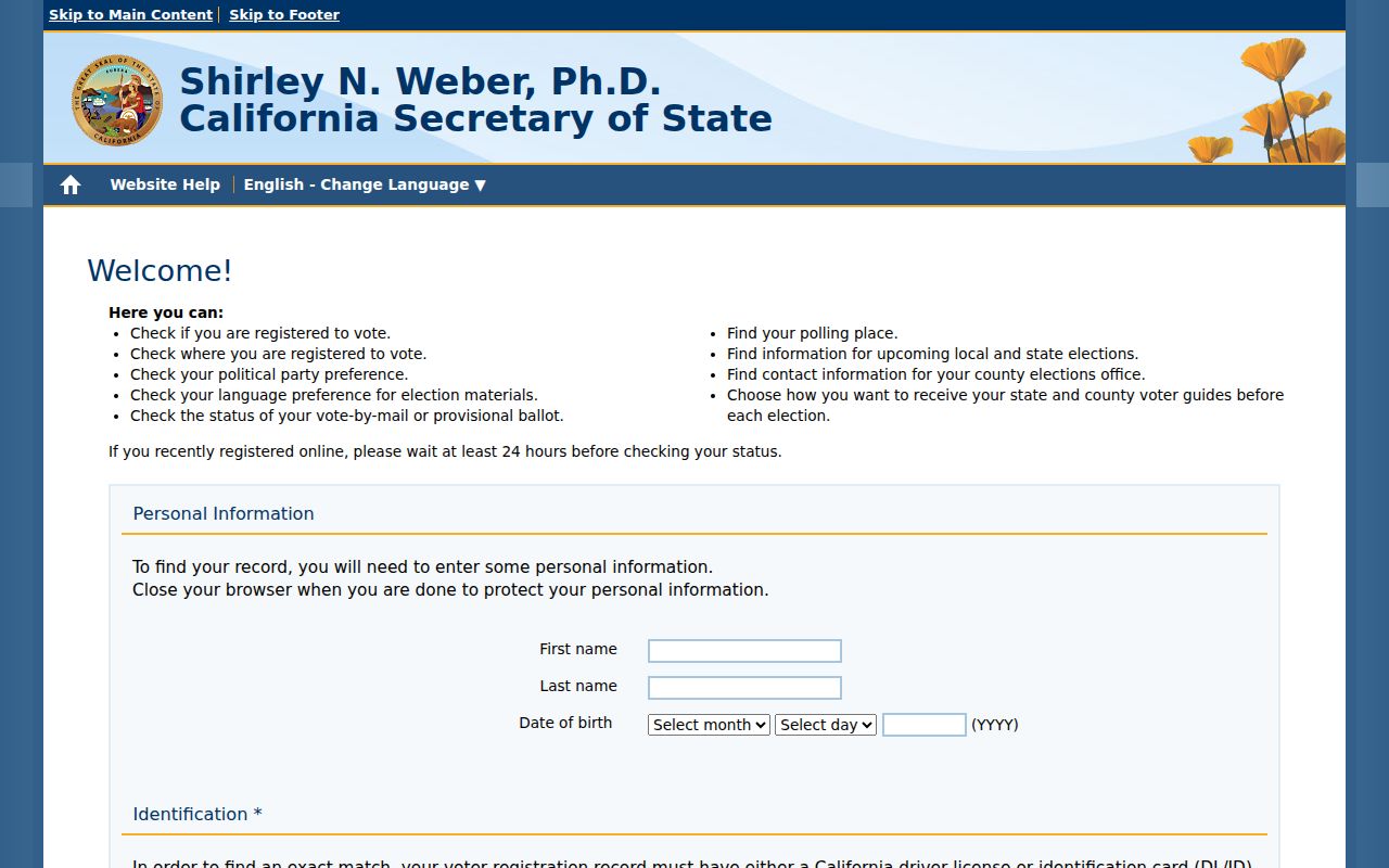 Fairfield resident lookup California My Voter Status authentication